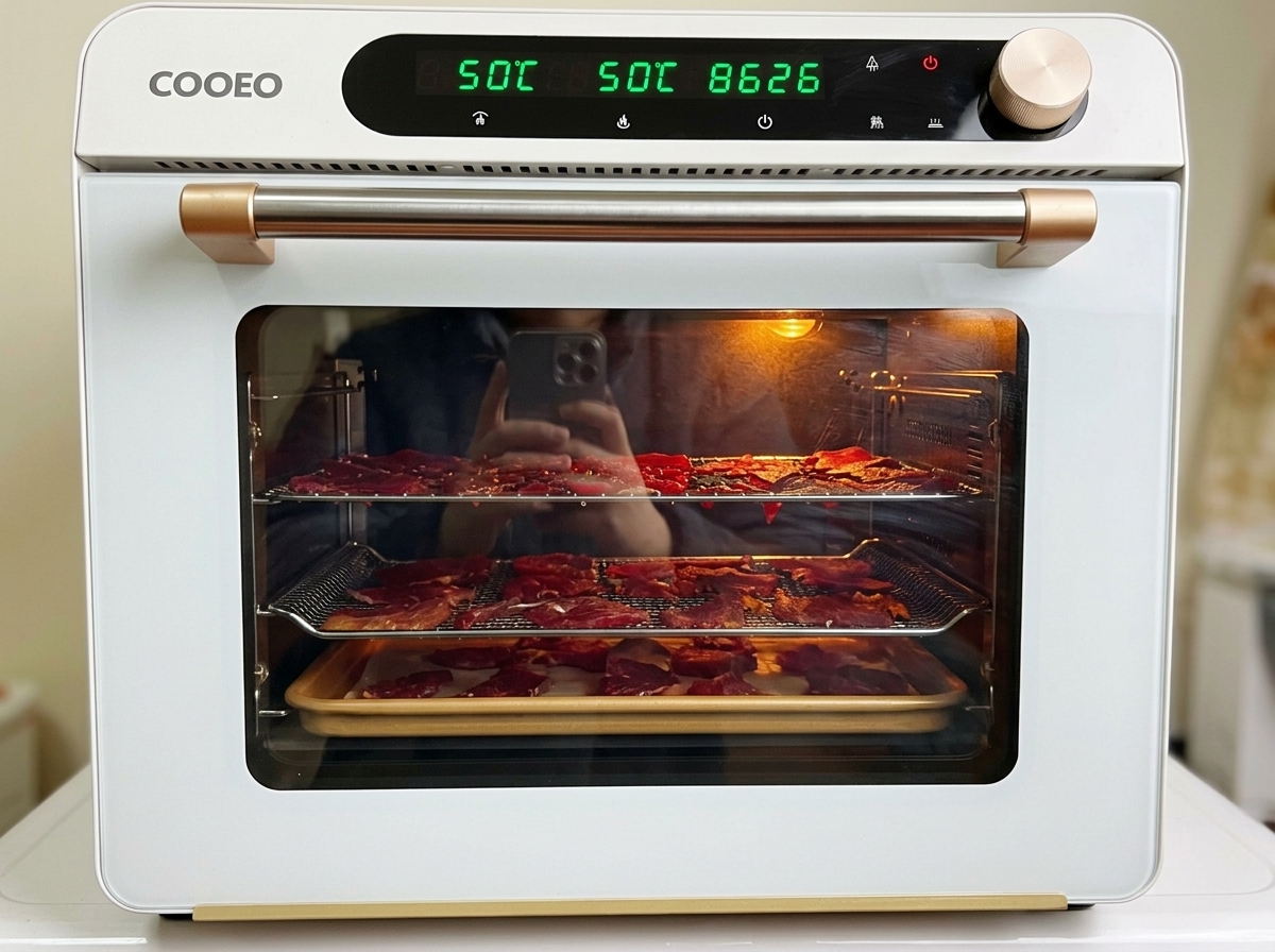 モダンな白いオーブンの中に、豚肉が並んだワイヤーラックが入っている様子。庫内のライトが点灯し、デジタル表示は50度に設定されている。