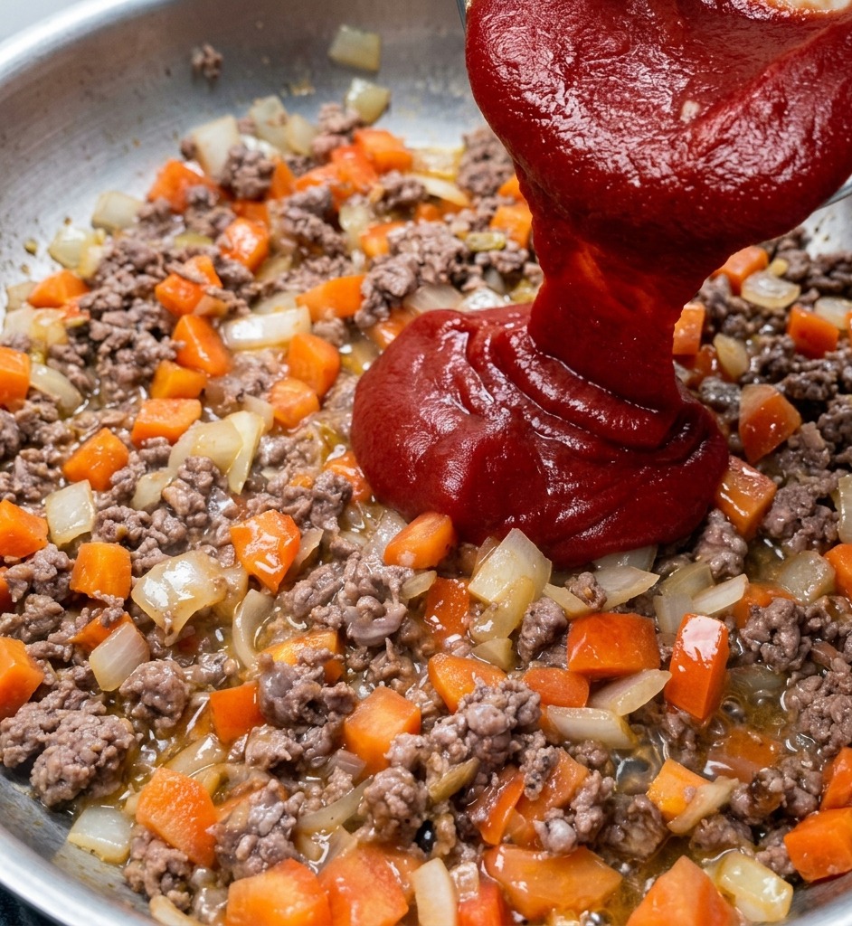 フライパンの中の炒めた牛ひき肉、玉ねぎ、トマトの混合物に、濃厚な赤いトマトソースをたっぷりと注いでいる様子。