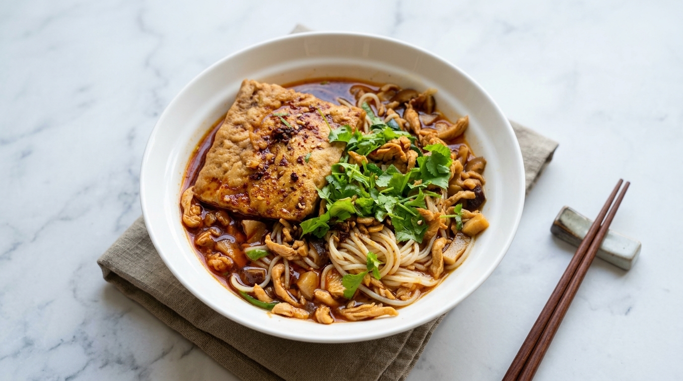 ピリ辛鶏肉の千切りと厚揚げの煮込み麺（鶏絲麺 - ジーシーミェン）