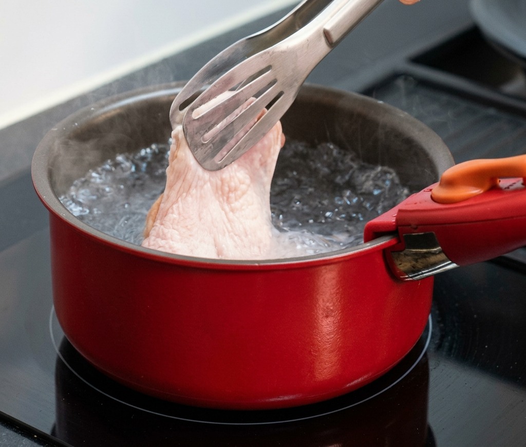 トングを使って生の鶏もも肉を沸騰したお湯の入った赤い鍋に入れている様子。