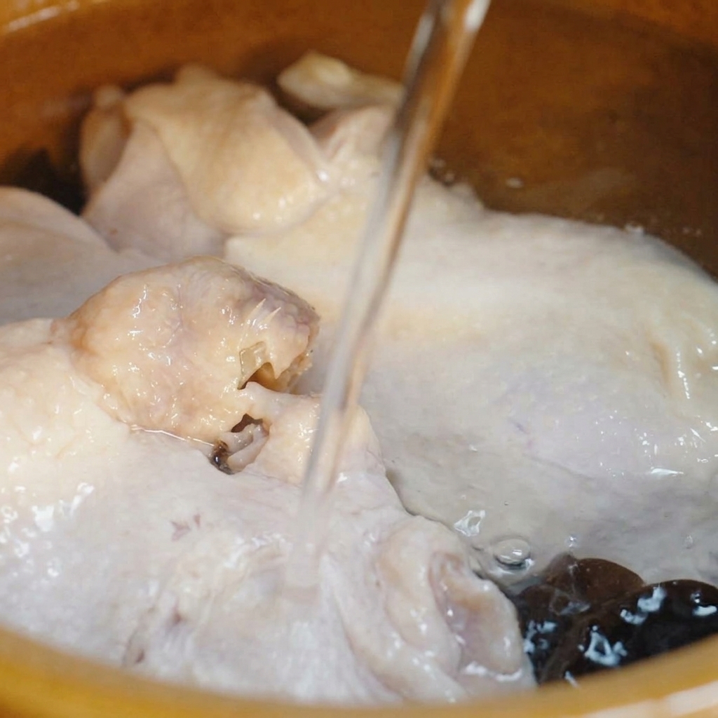 土鍋の中の鶏肉に澄んだ水を注ぎ入れているクローズアップ写真。