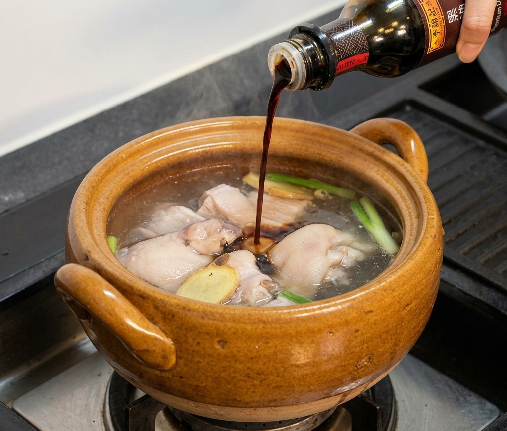 鶏肉と昆布が入った土鍋に濃口醤油を注いでいる様子。