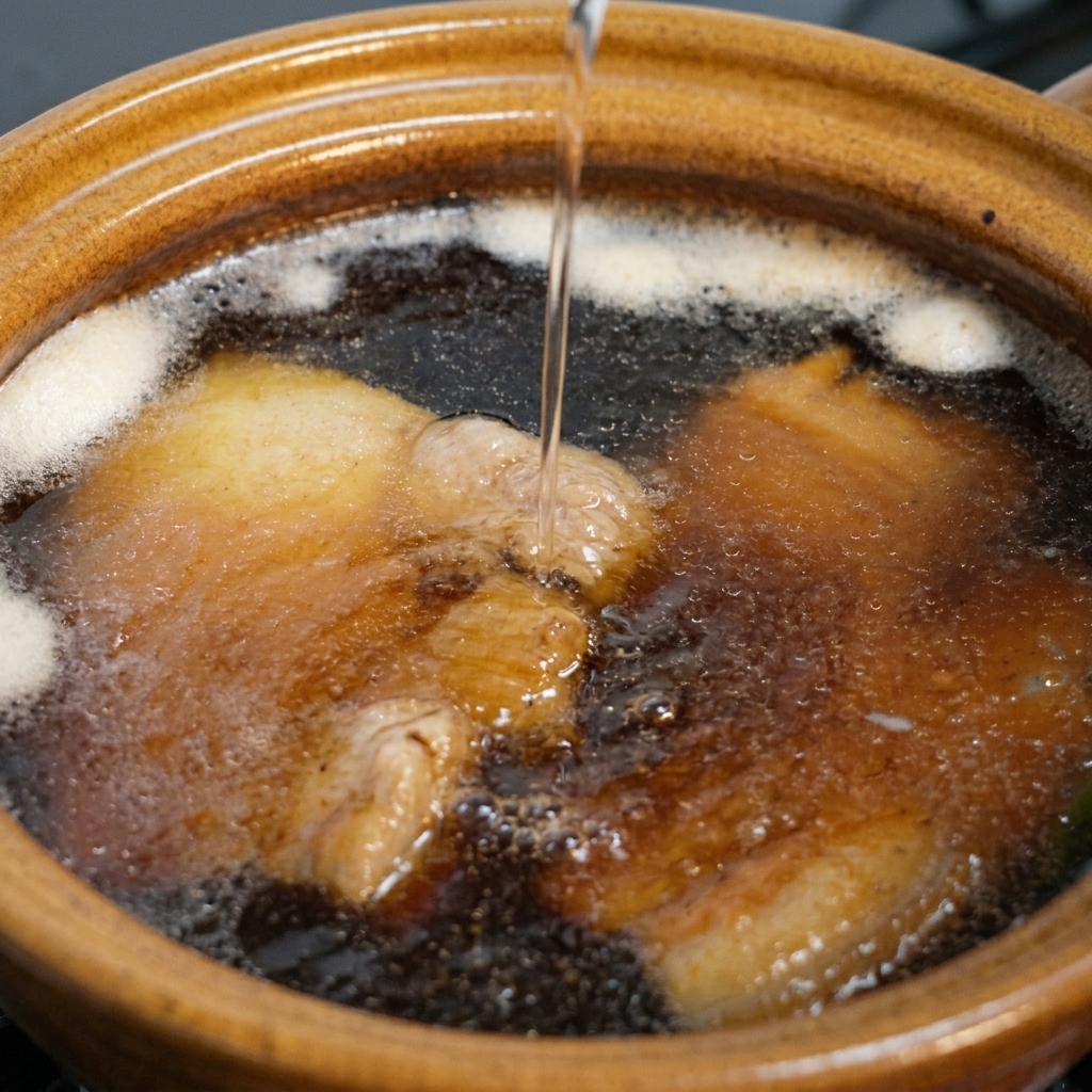 醤油ベースのスープが入った土鍋に、料理酒を注ぎ入れている様子。