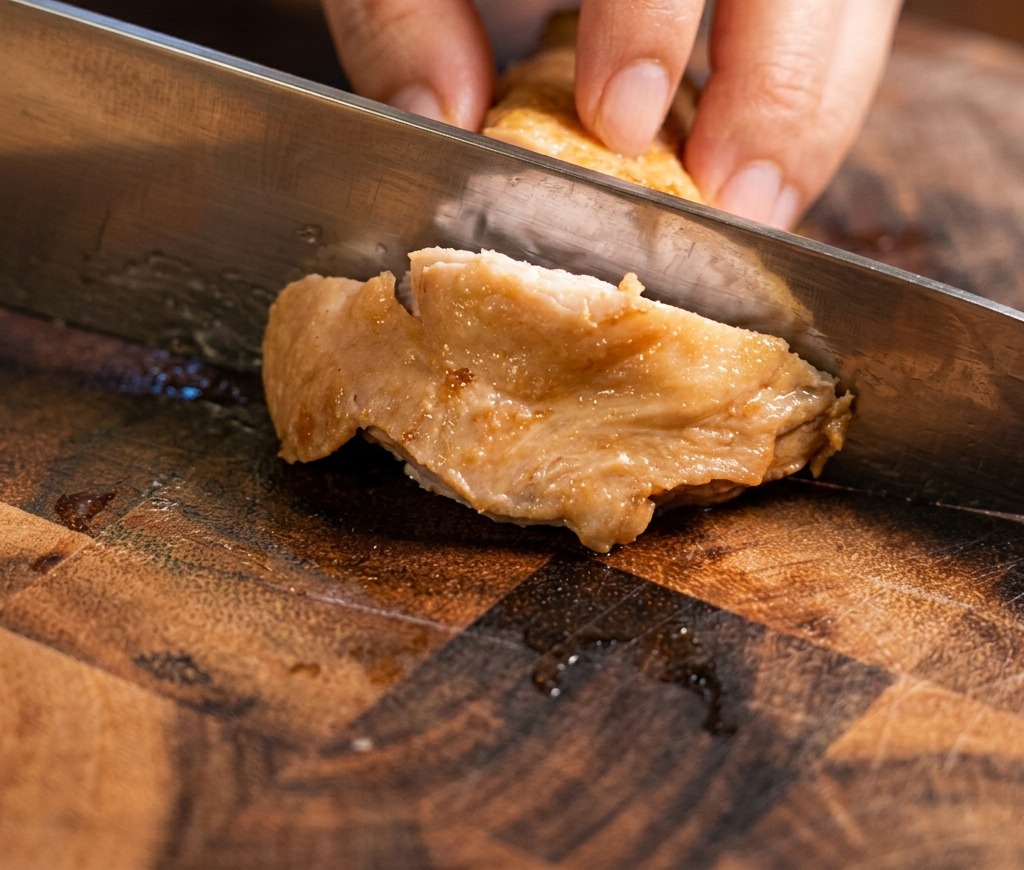 木製のまな板の上で、包丁を使って茹でた鶏肉を細長く切り分けている様子。