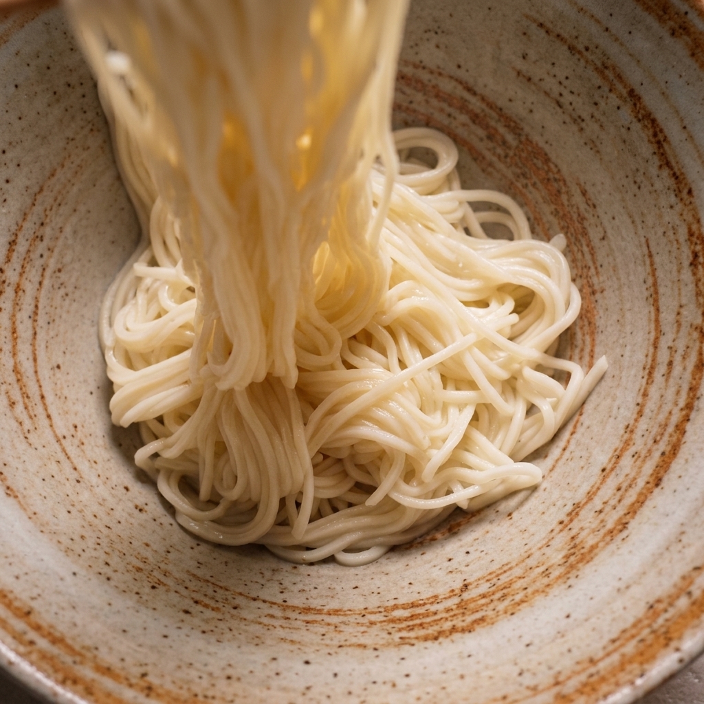 長い菜箸を使って、茹で上がった麺を和風の器に盛り付けている様子。