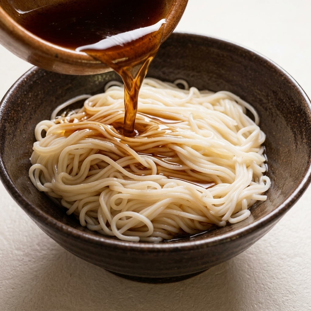 黒い器に盛られた麺の上から、熱々の鶏ガラスープを注いでいる様子。