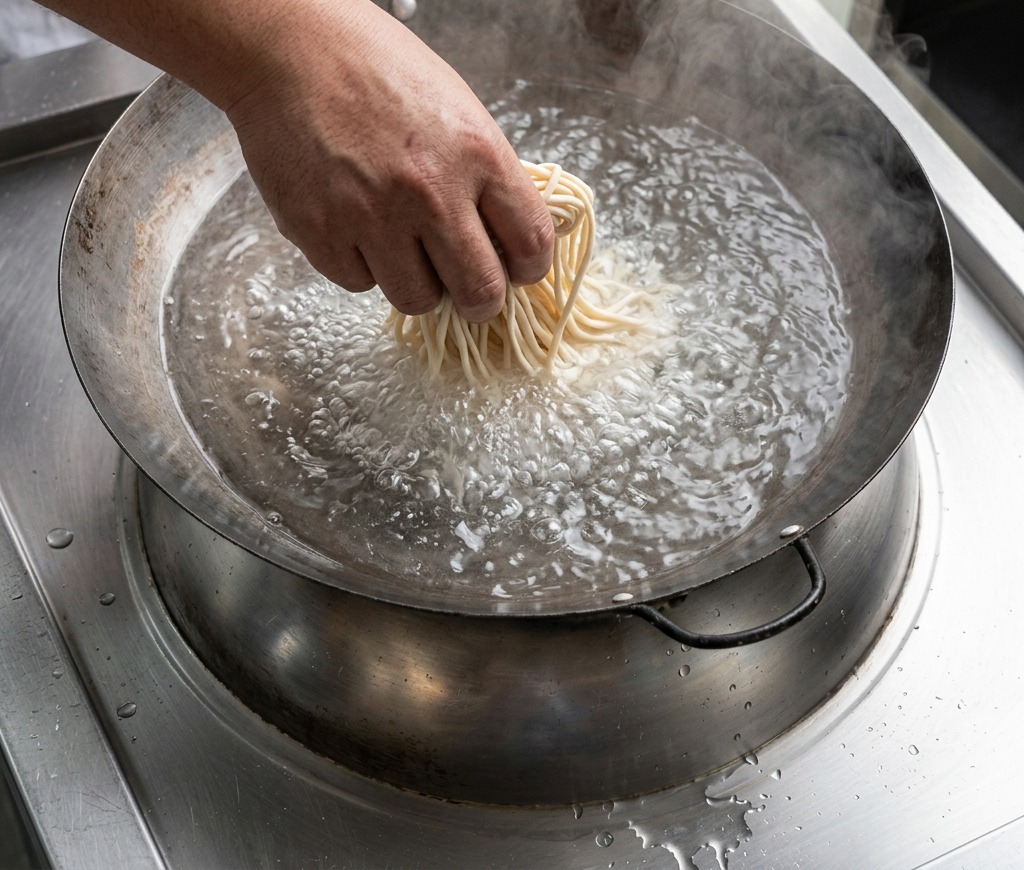 沸騰したたっぷりのお湯が入った中華鍋に、乾燥した極細中華麺の束を入れ、手で軽く沈めている様子。