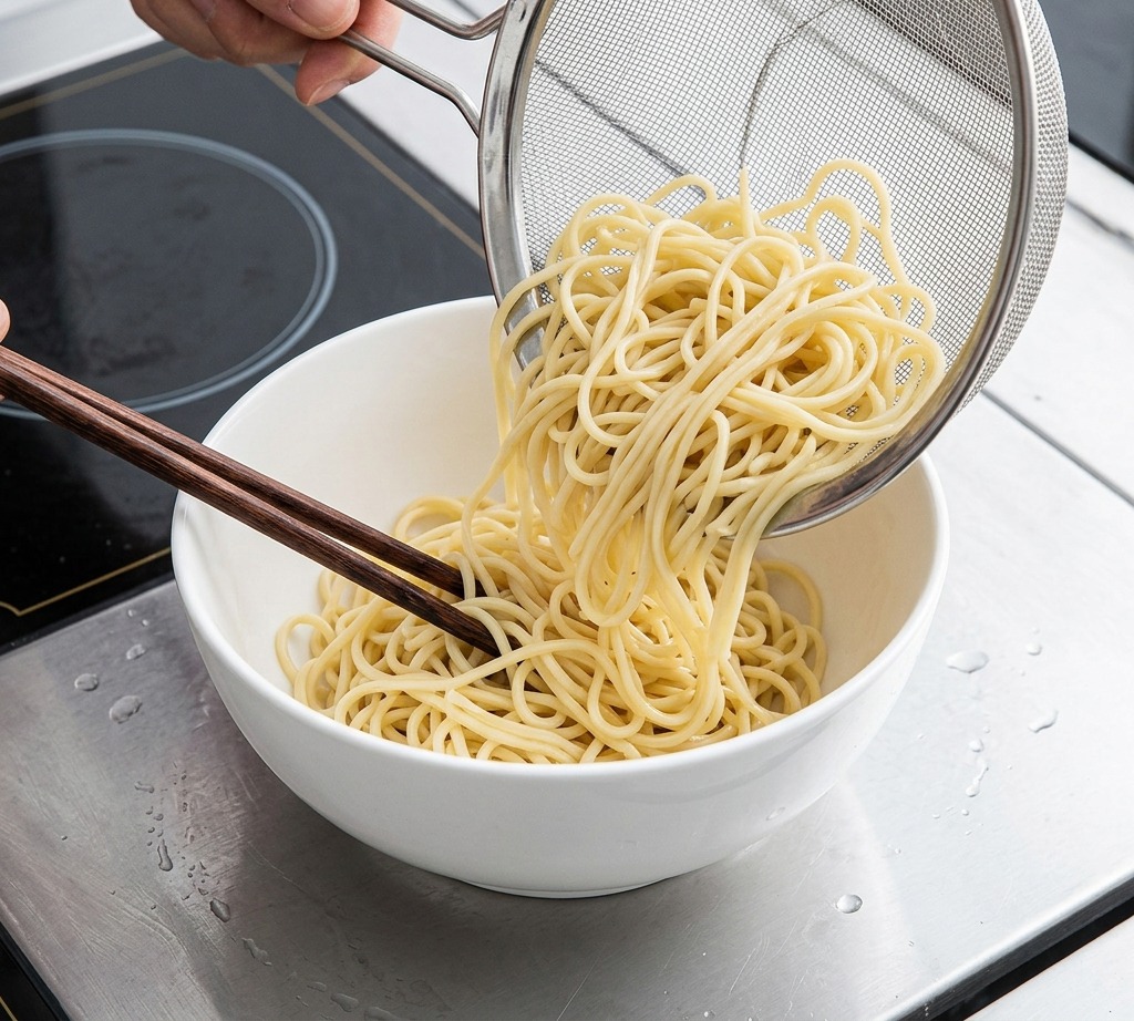 白い陶器のボウルの中で、木箸を使って茹で上がった麺をきれいに丸めて整えている様子。