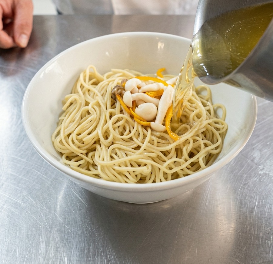ステンレスの鍋から、黄金色のチキンスープ、キノコ、虫草花を、麺の入った器へ注いでいる様子。