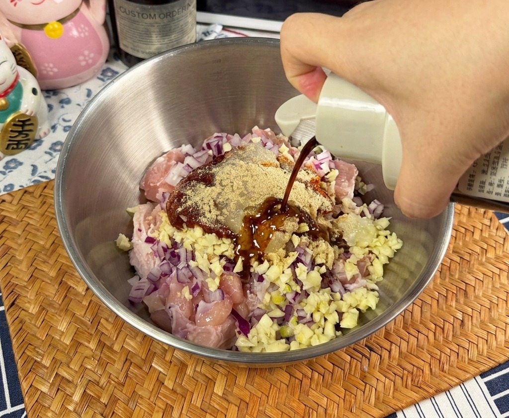 生の鶏肉、刻んだ赤玉ねぎ、コチュジャンが入ったステンレスボウルに、白いボトルから薄口醤油を回し入れている様子。