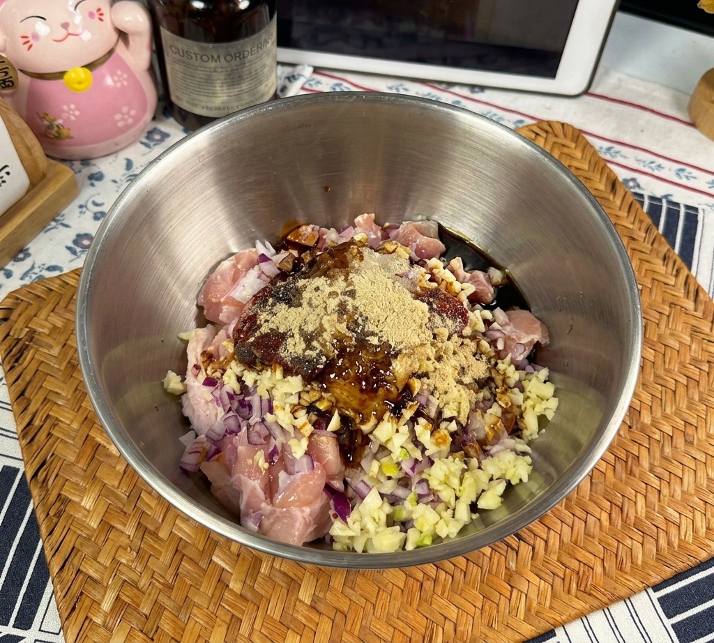 下味をつけた鶏肉とスパイスの入ったボウルに、ボトルから濃厚なオイスターソースを注いでいる様子。