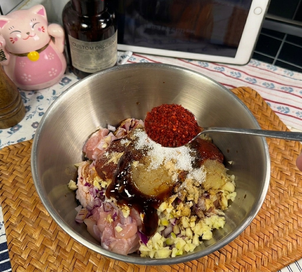 鶏肉と調味料が入ったボウルに、金属製のスプーンで鮮やかな赤色の粉唐辛子を加えている様子。