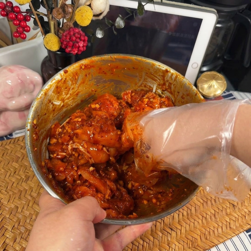 透明な使い捨て手袋をはめた手で、金属製のボウルに入った生の鶏肉と濃厚な真っ赤な激辛ダレをしっかりと揉み込んでいる様子。