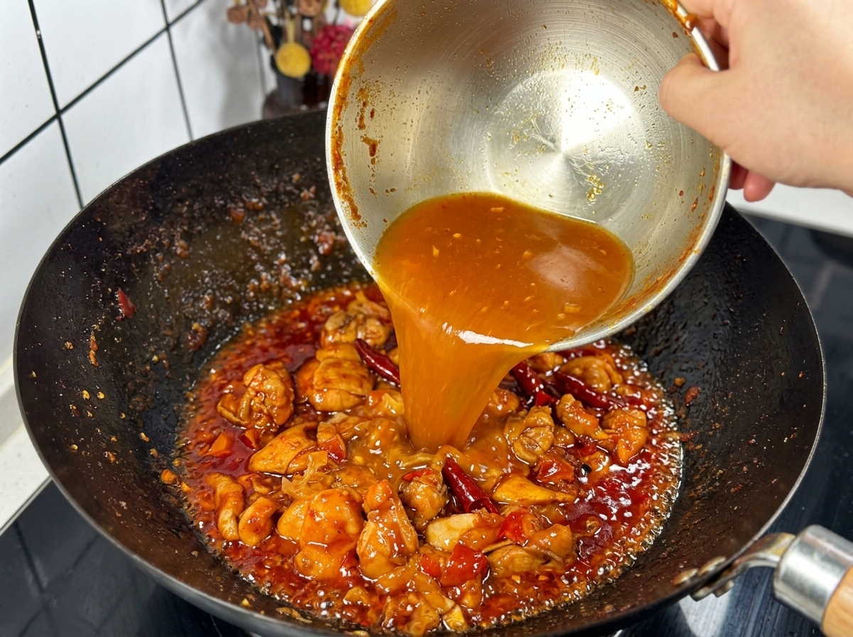 炒めた鶏肉と乾燥唐辛子が入った黒い中華鍋に、ステンレスのボウルから薄いオレンジ色の液体を注ぎ入れている様子。