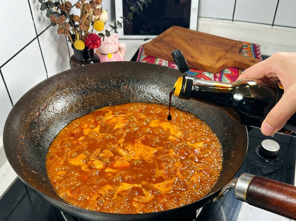 グツグツと沸騰する赤いチキンソースの中華鍋に、ガラス瓶から老抽(ダークソイソース)を垂らしている様子。