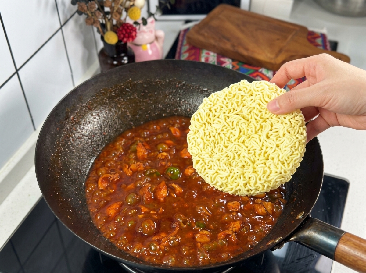 グツグツと泡立つ赤いソースと鶏肉が入った中華鍋の中央に、乾燥した丸いインスタントラーメンの塊をのせようとしている様子。
