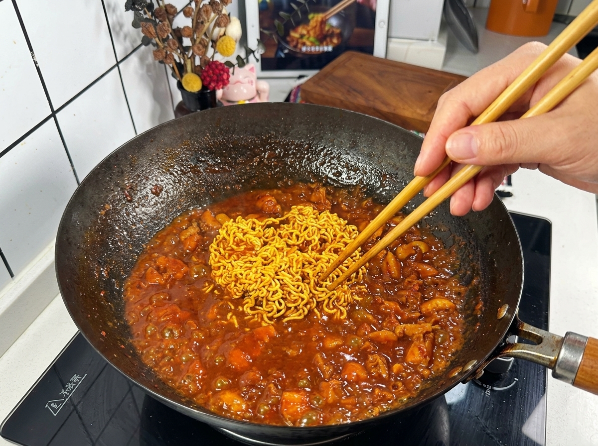 大きな黒い中華鍋の中で、濃厚な濃い赤色のソースに浸かって柔らかくなったインスタントラーメンを、木製のお箸で優しくほぐしている様子。
