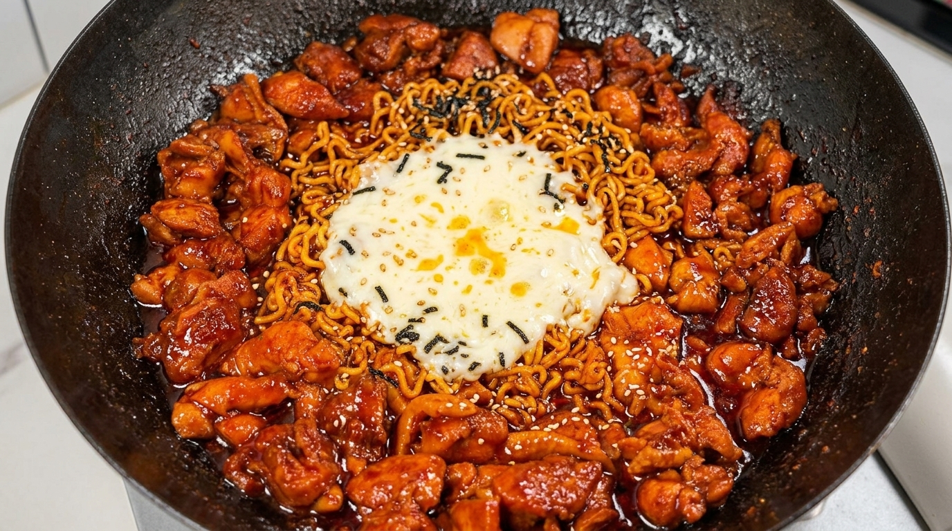 とろけるモッツァレラチーズの韓国風激辛チキン麺