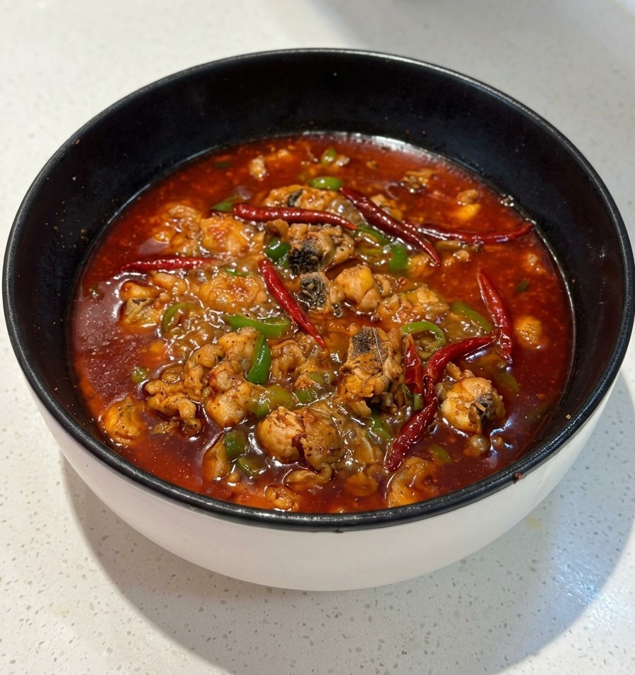 鶏肉や緑色のネギが入った、真っ赤でスパイシーなスープが黒いフライパンの中でグツグツと泡立っている様子。