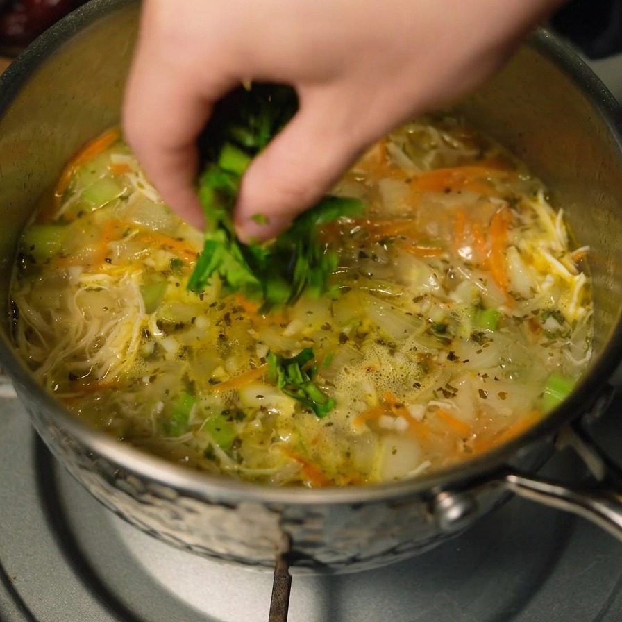 湯気が上がるチキンと野菜のスープ鍋に、手で新鮮な刻みパクチーを散らしている様子。
