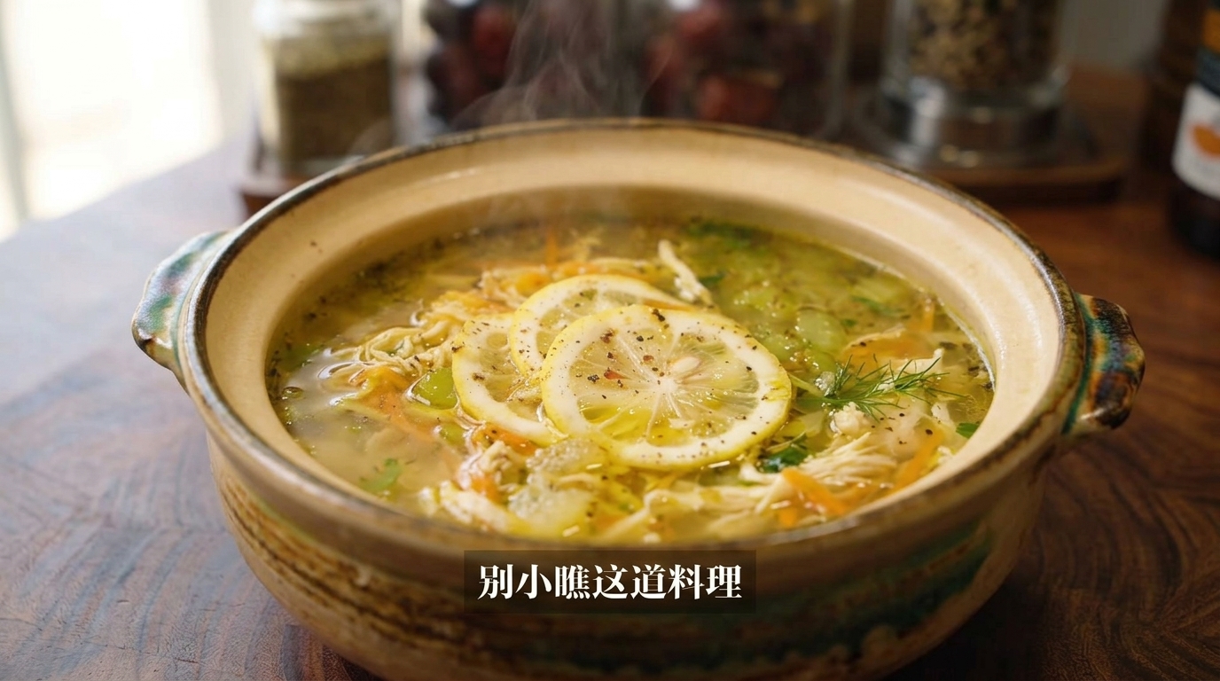 ヘルシーなギリシャ風レモンチキンスープ、オートミール麺を添えて