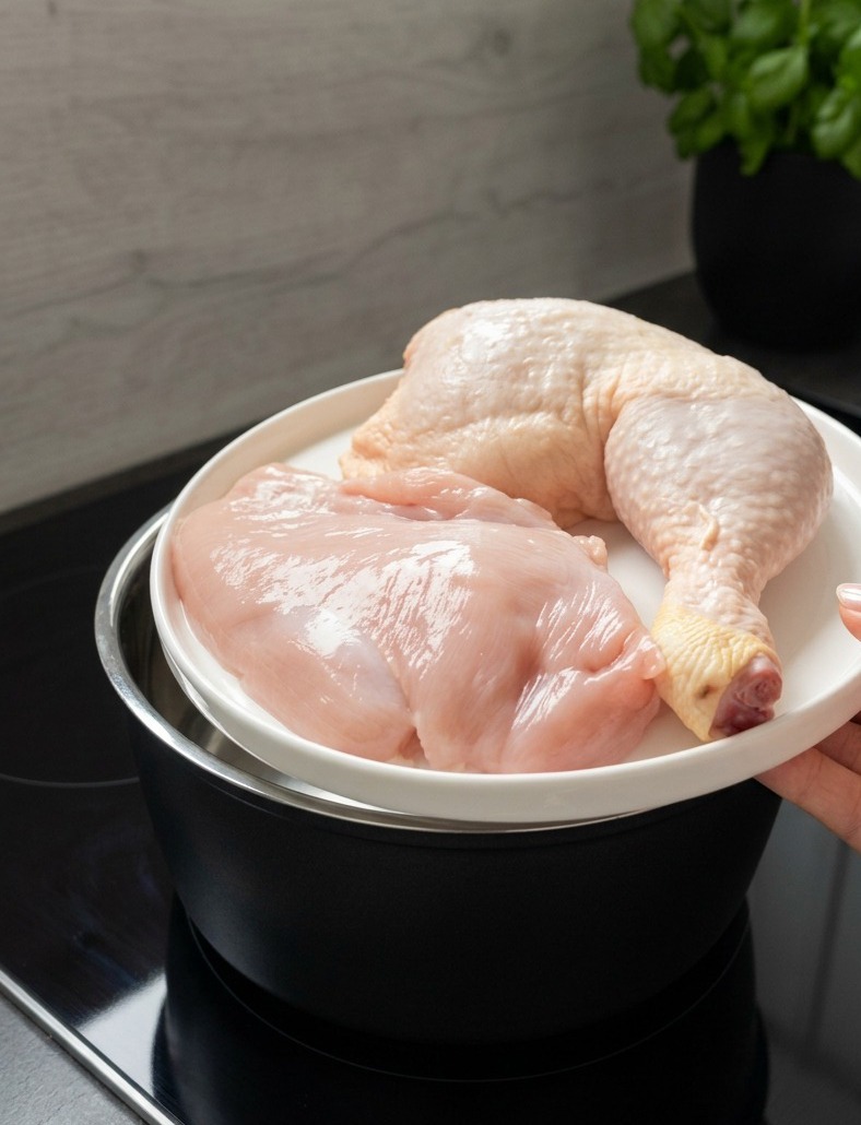 にんにくとローリエを入れた鍋の水の上に、生のおもも肉と胸肉が載った白い皿を持っている手。