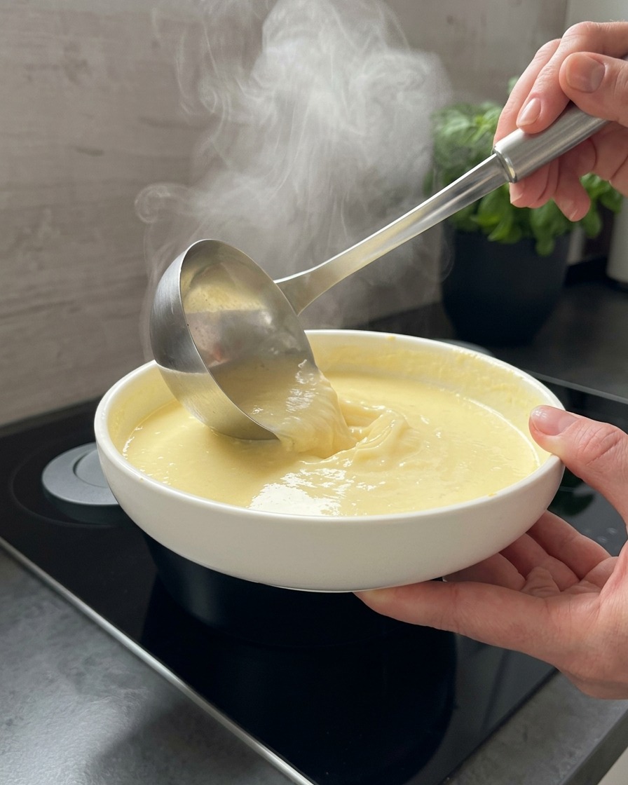手が持っている薄黄色のヨーグルト液の白いボウルに、金属製のお玉で熱いスープを注いでいる様子。