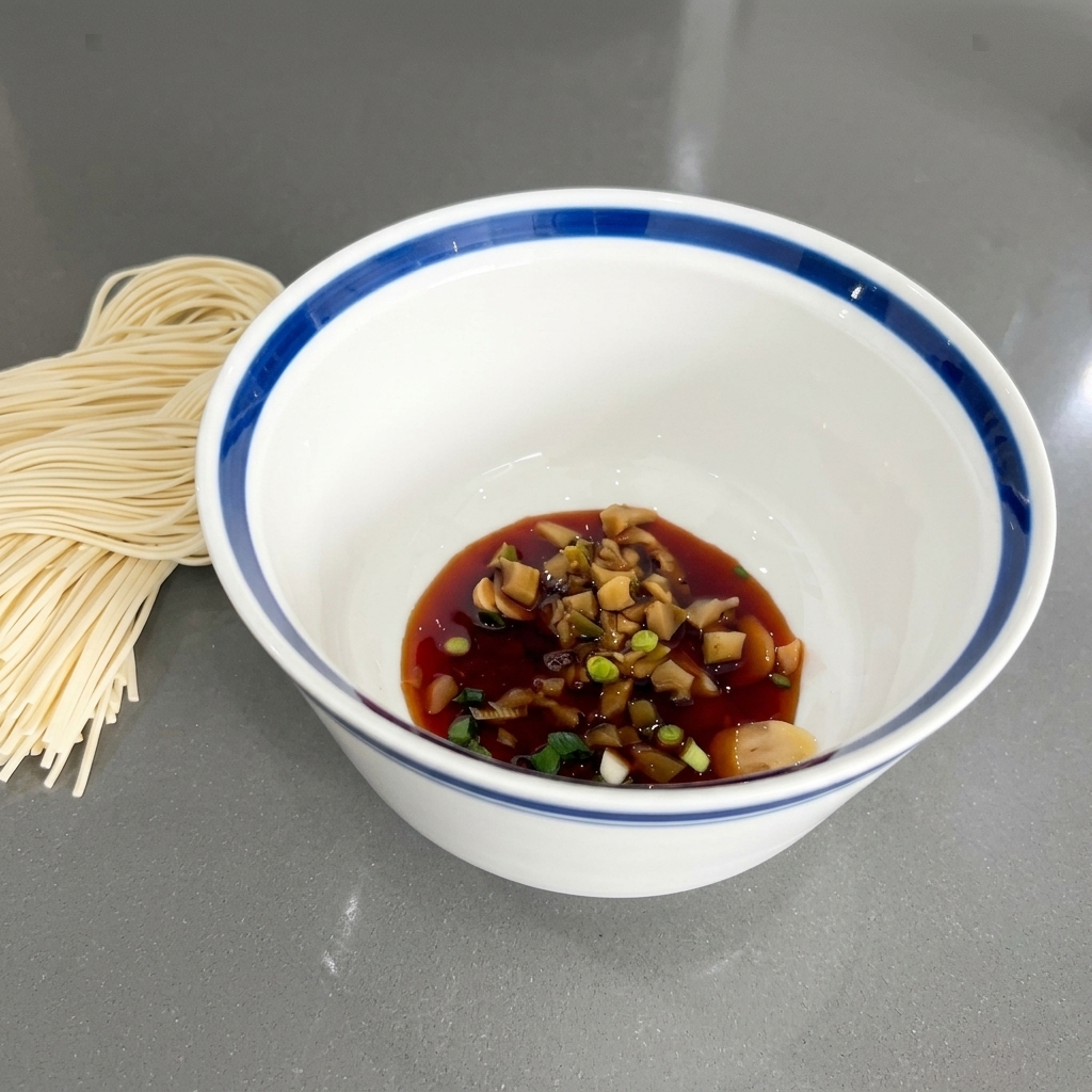 白いどんぶりの中の青ねぎやザーサイの上から、濃い色の醤油が注がれている様子。