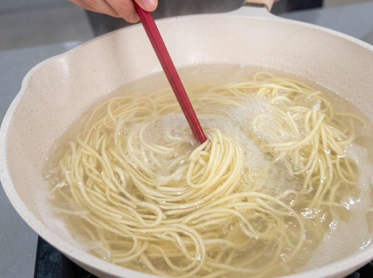 鍋の沸騰したお湯の中で、赤い調理器具を使いながら白い細麺を優しく混ぜて茹でている様子。