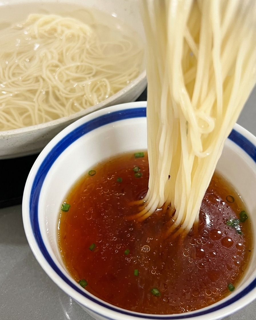 青ねぎが浮かぶ琥珀色の熱いスープの中に、長い白細麺の束が箸でそっと入れられている様子。