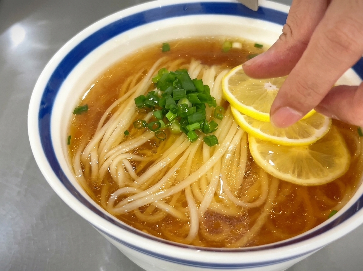 器に盛られたラーメンの青ねぎの横に、手元で鮮やかな黄色のレモンスライス3枚を丁寧に重ねて並べている様子。