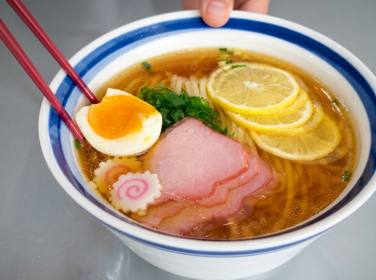 鮮やかなオレンジ色の黄身が美しい半熟卵2玉分、お肉のスライス、レモンが綺麗に盛り付けられたレモンラーメンの完成図。