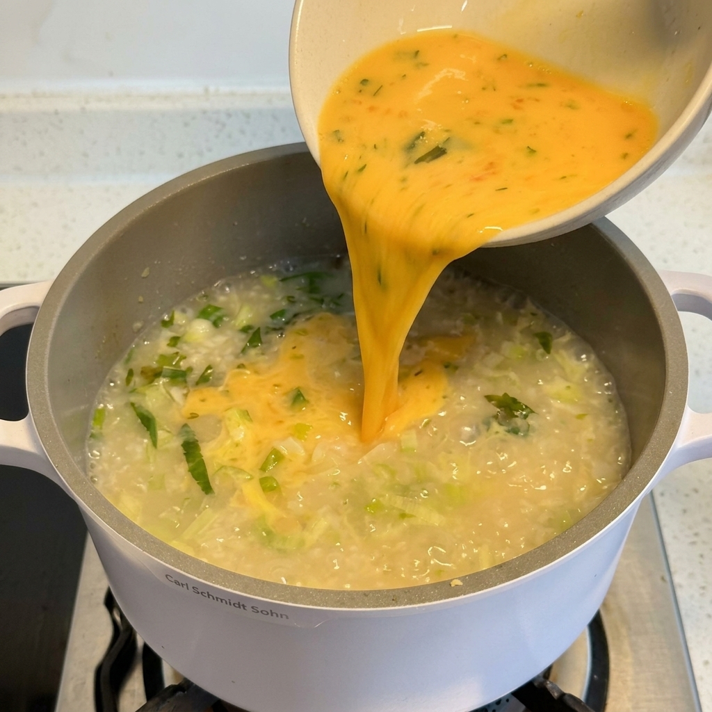 お米や野菜が入ったスープの鍋に、ボウルから黄色い卵レモン液を流し込んでいる様子。