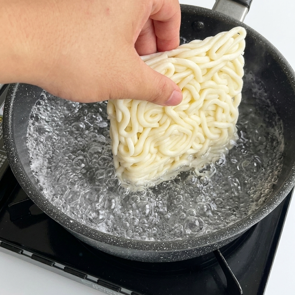 沸騰した鍋のお湯の中に、四角い冷凍うどんのブロックをそっと入れる様子。