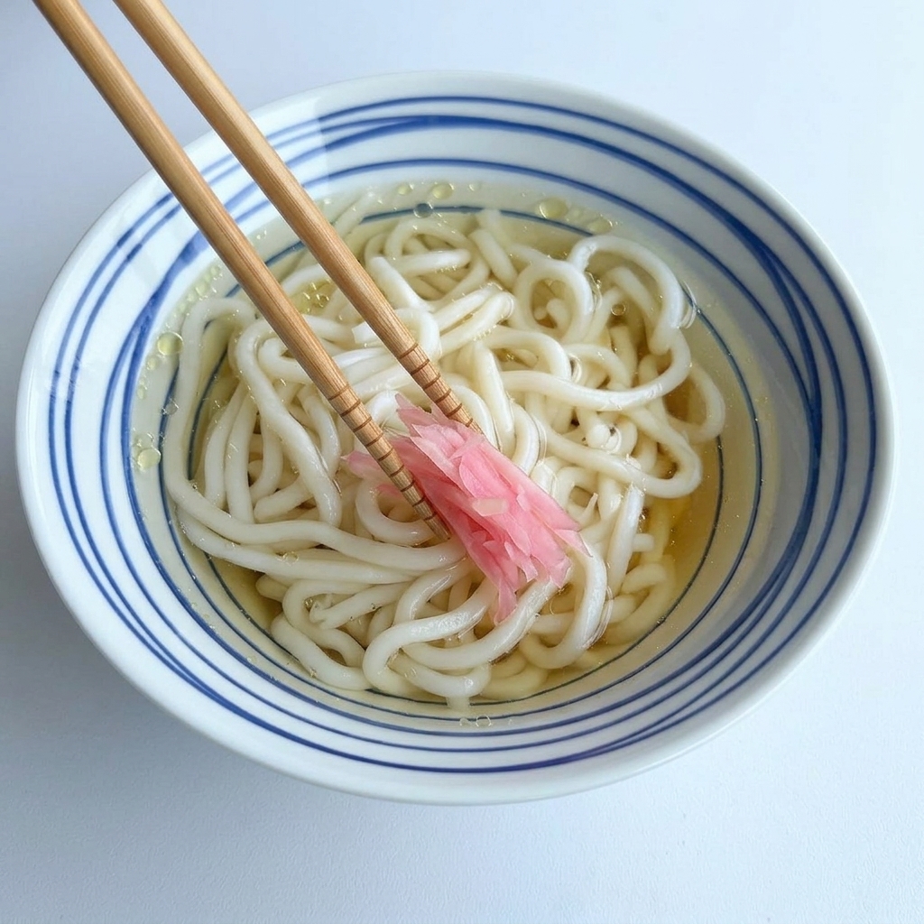 お出汁に入ったうどんの器の上で、お箸で鮮やかなピンク色の紅生姜の千切りをそっと添えている様子。