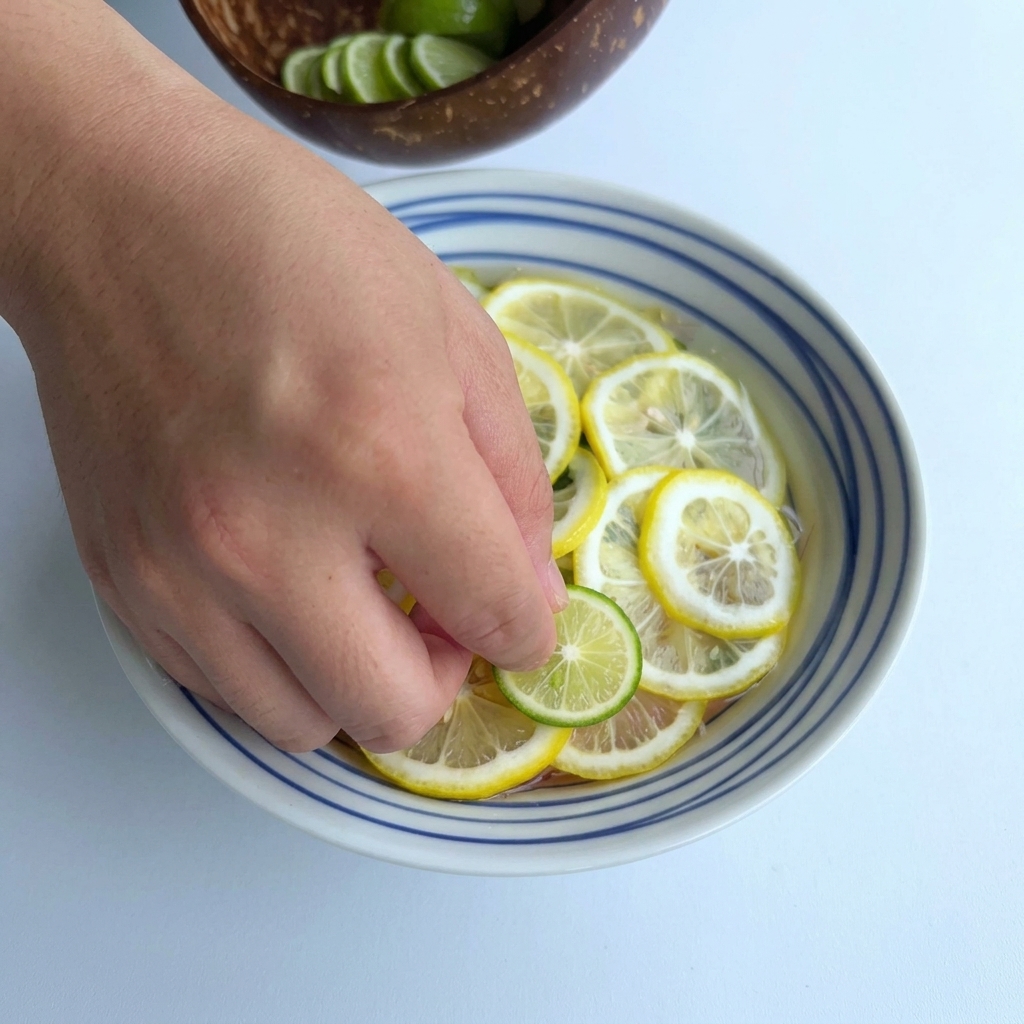 黄色いレモンの輪切りが円状に敷き詰められたうどんの器の上に、手で薄いグリーン香水レモンのスライスを重ねている様子。