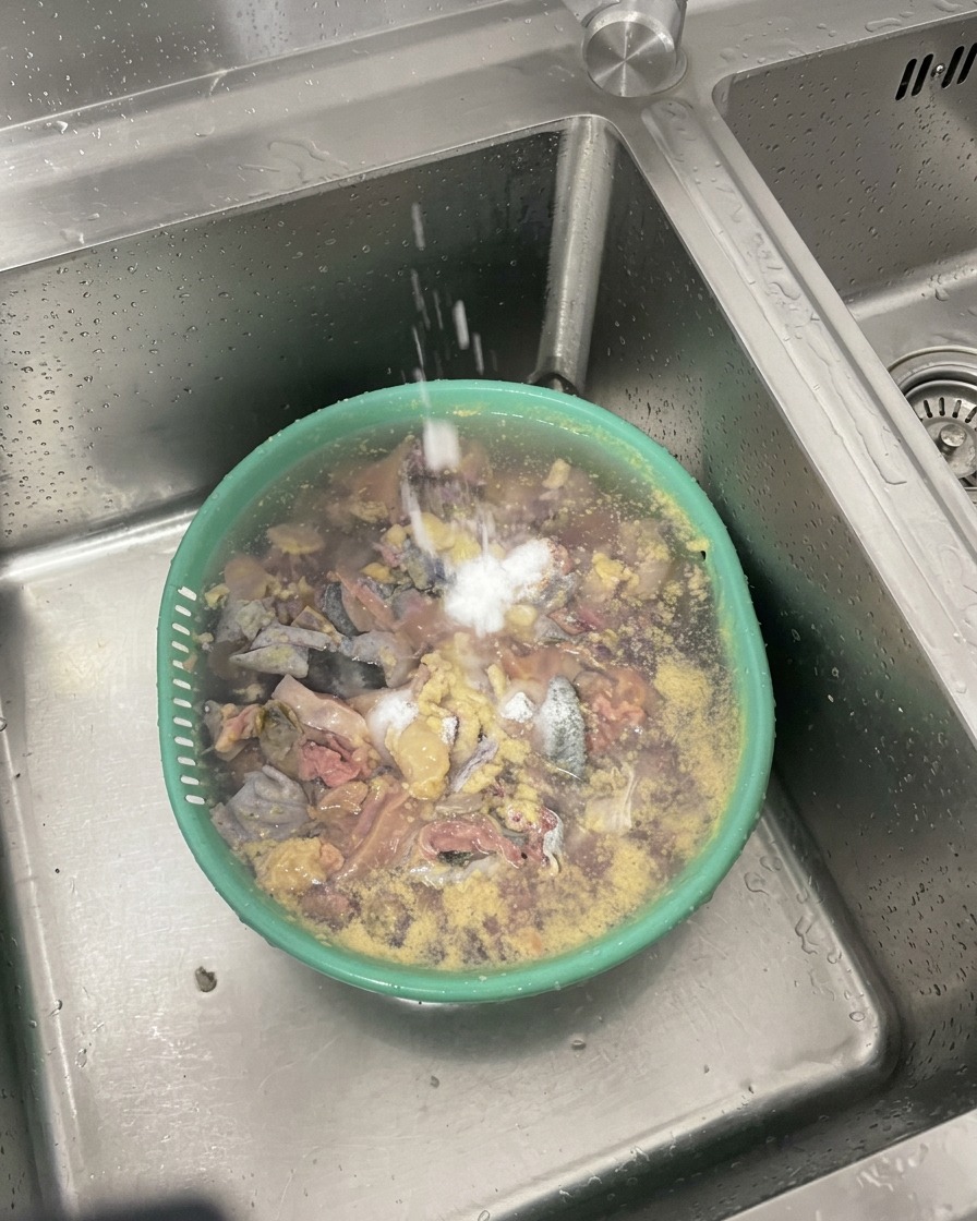 キッチンの蛇口から流れる水の下で、緑色のボウルに入ったぶつ切りの烏骨鶏を両手で洗い、塩を加えている様子。