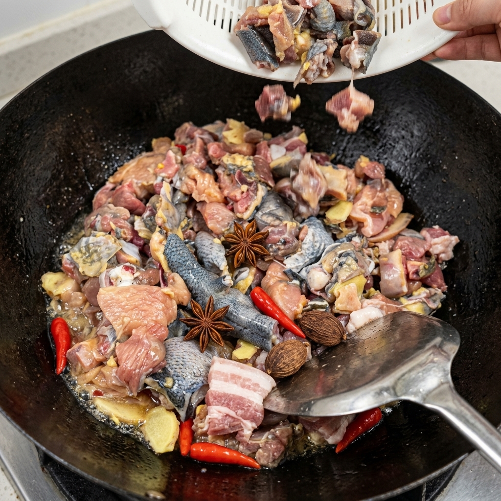 油とホールスパイスが入った大きな黒い中華鍋に、白いプラスチック製の水切りからぶつ切りの烏骨鶏が投入される瞬間。