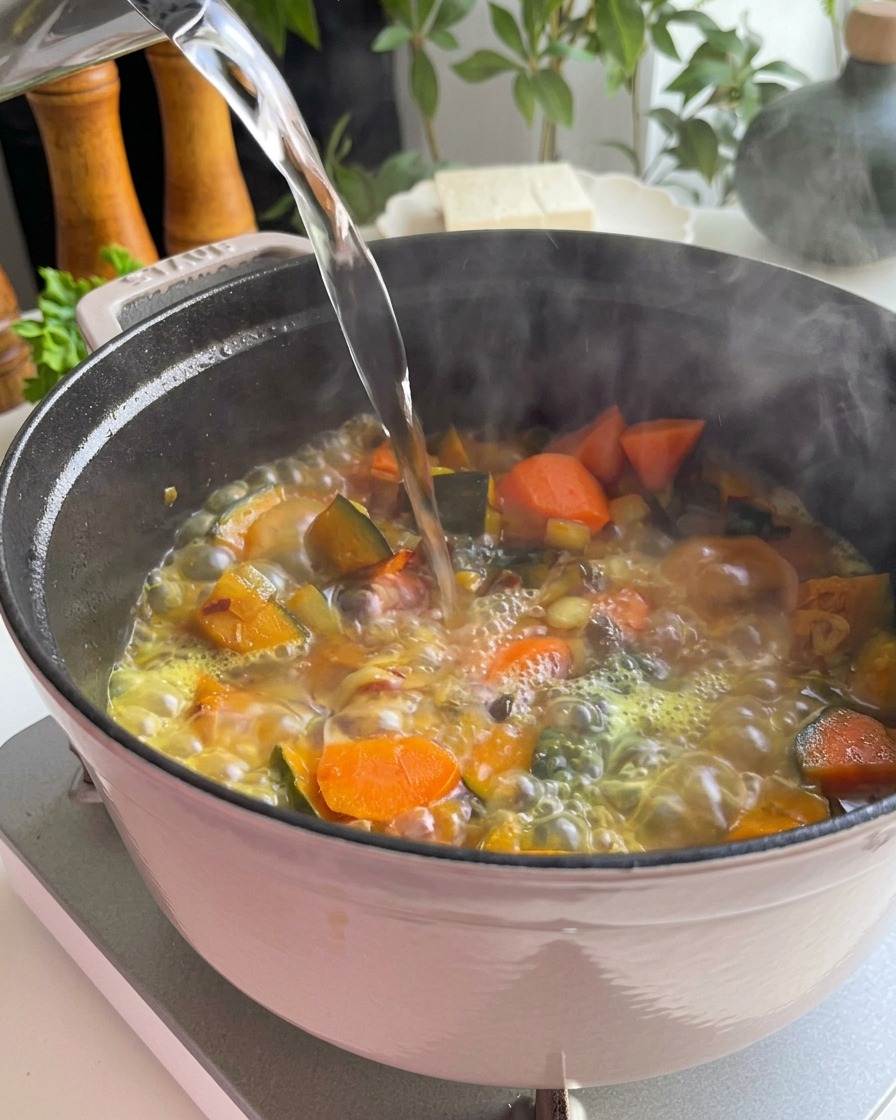 ガラスのピッチャーから、野菜の入った鍋に温かいお湯を注いで煮込んでいる様子。