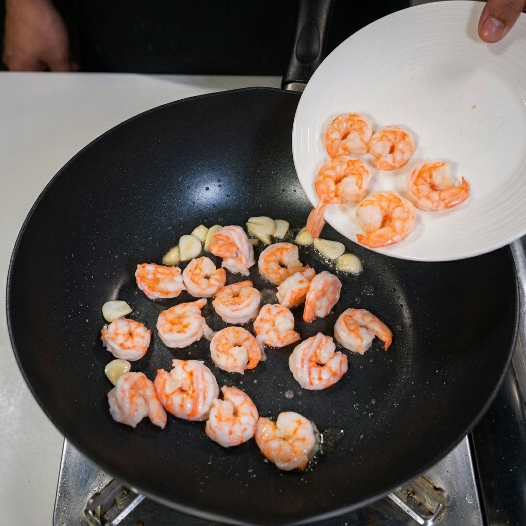 白いお皿から、炒めたにんにくスライスが入った黒い中華鍋に、火の通ったピンク色のエビが投入されている様子。