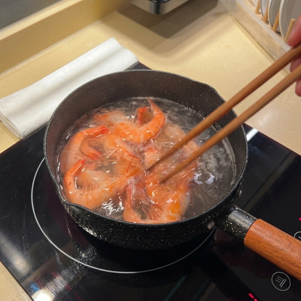 お湯の入った鍋で茹でられ、ピンク色に変わっていく生エビを箸で混ぜている様子。