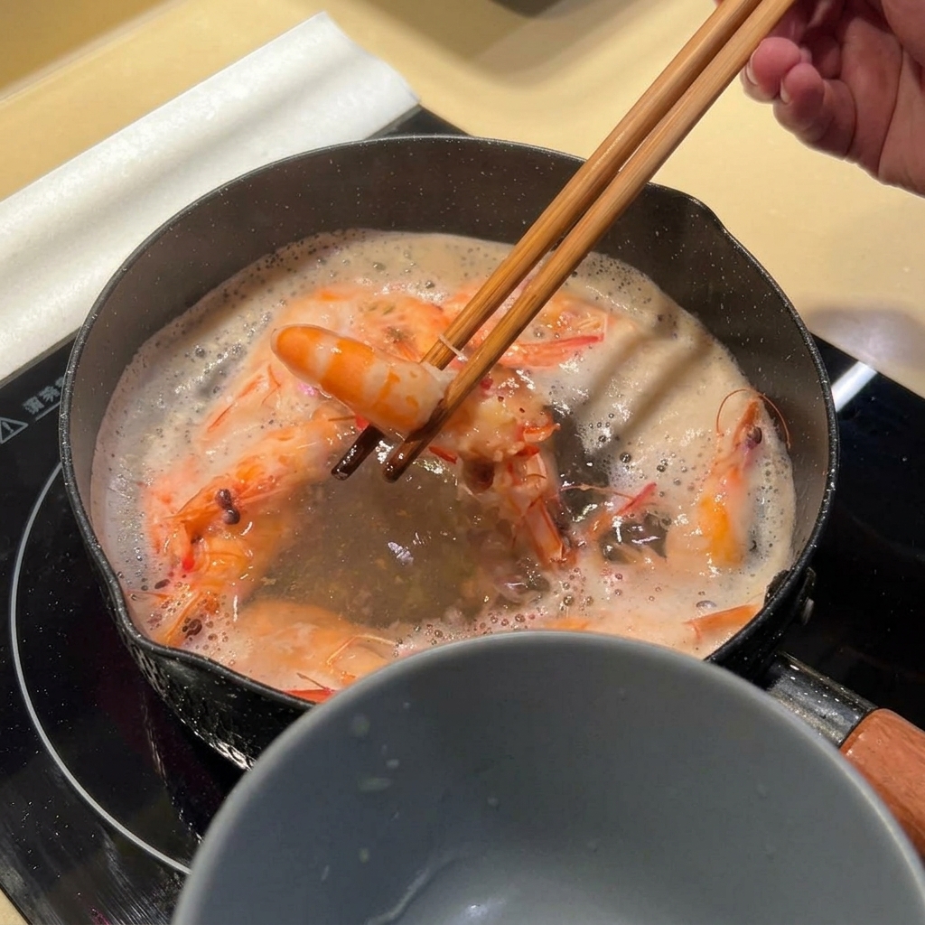 茹で上がったピンク色のエビを、菜箸で鍋からグレーのボウルに移している様子。