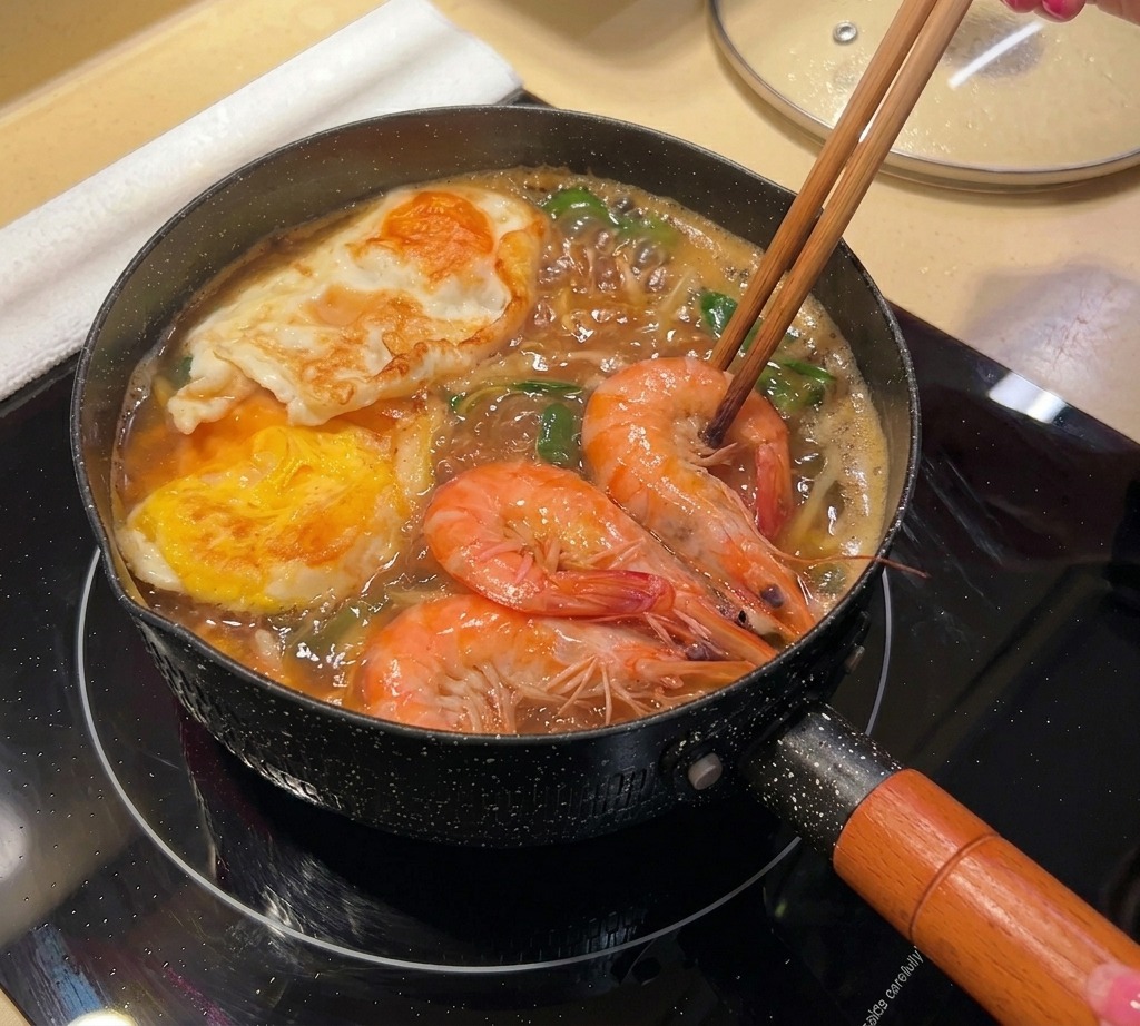菜箸を使って、目玉焼きや麺の横にピンク色に茹で上がったエビを並べている様子。
