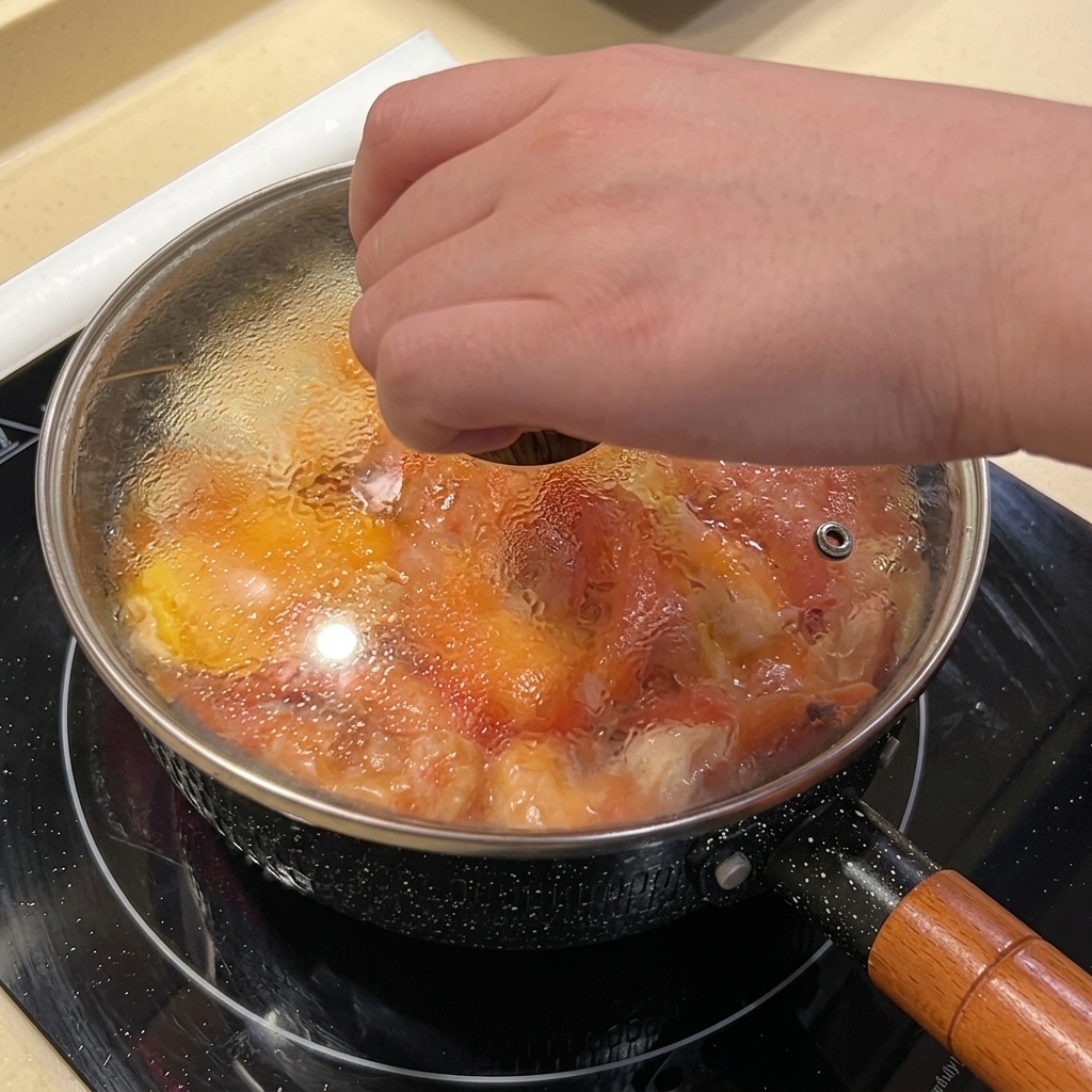 麺、卵、エビが入った黒い鍋に、透明なガラス蓋を置いている様子。