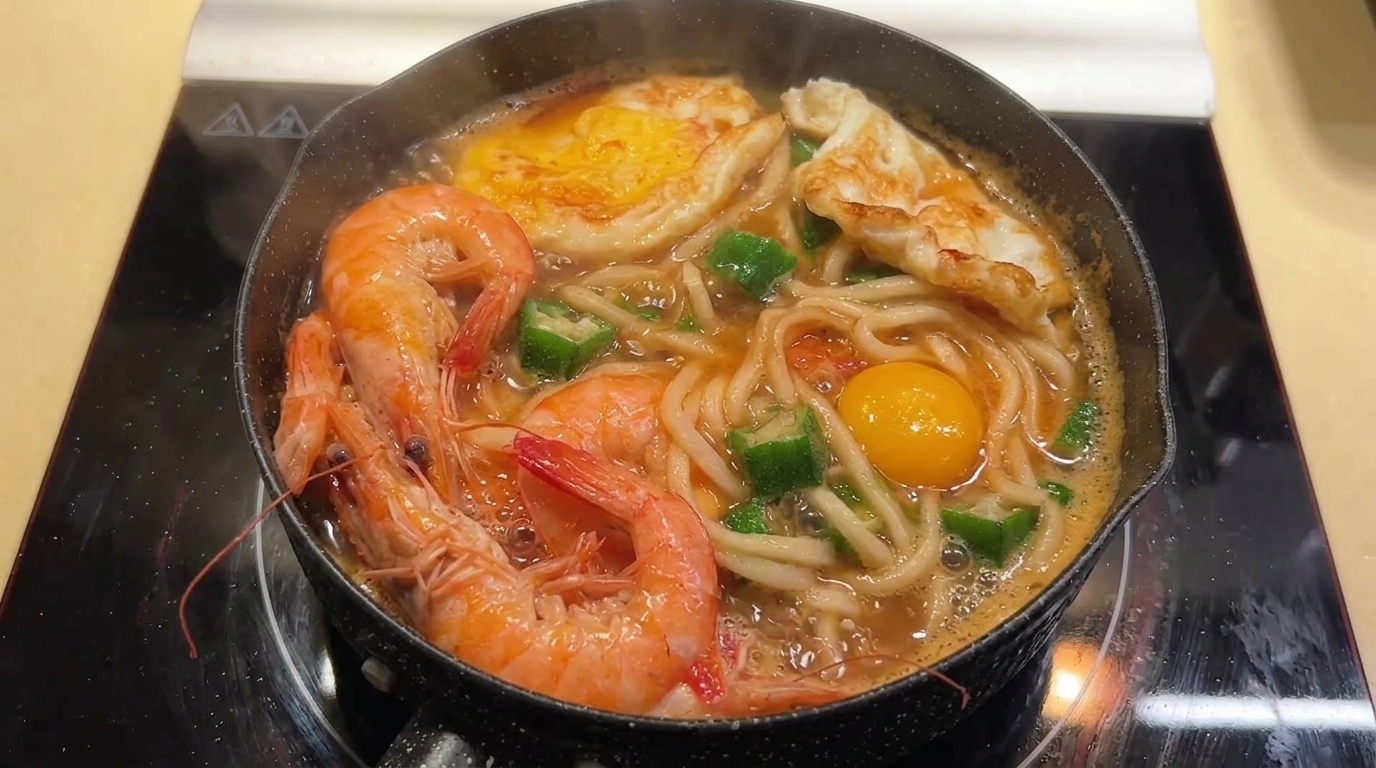新鮮なエビとオクラの旨辛スープ麺 目玉焼きのせ