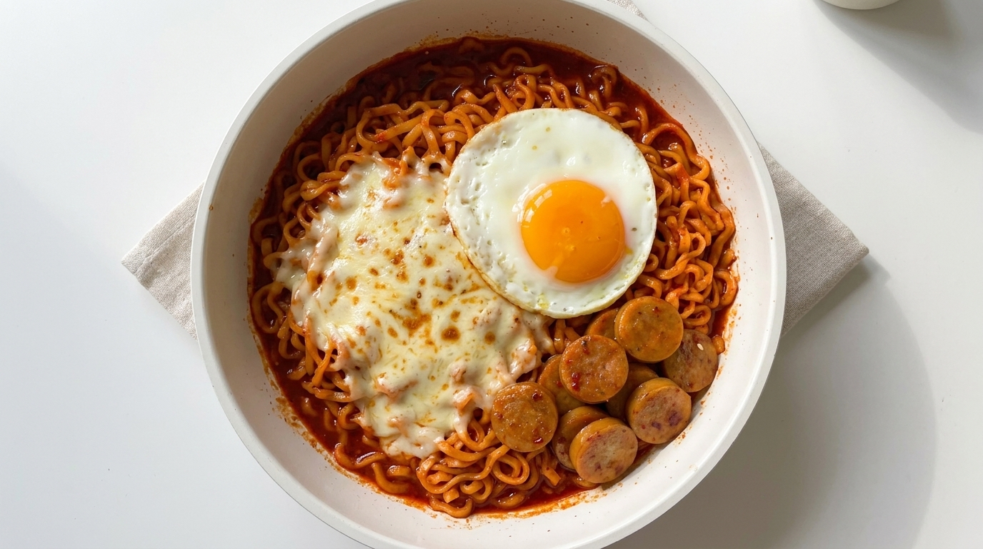 ソーセージ＆目玉焼きのせ！まろやかチーズブルダック炒め麺