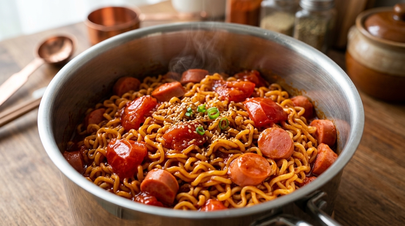 トマトとソーセージの旨辛ブルダック炒め麺