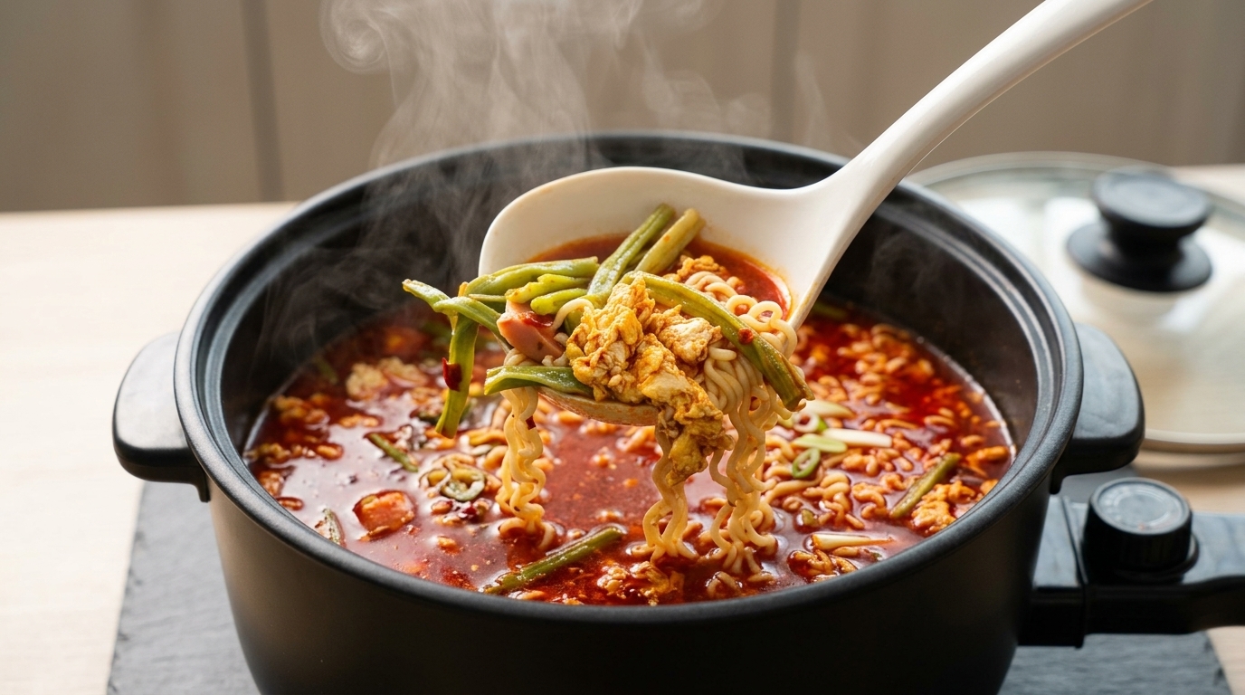 卵とソーセージでマイルドに！激辛旨スープ仕立てのプルダック風ラーメン