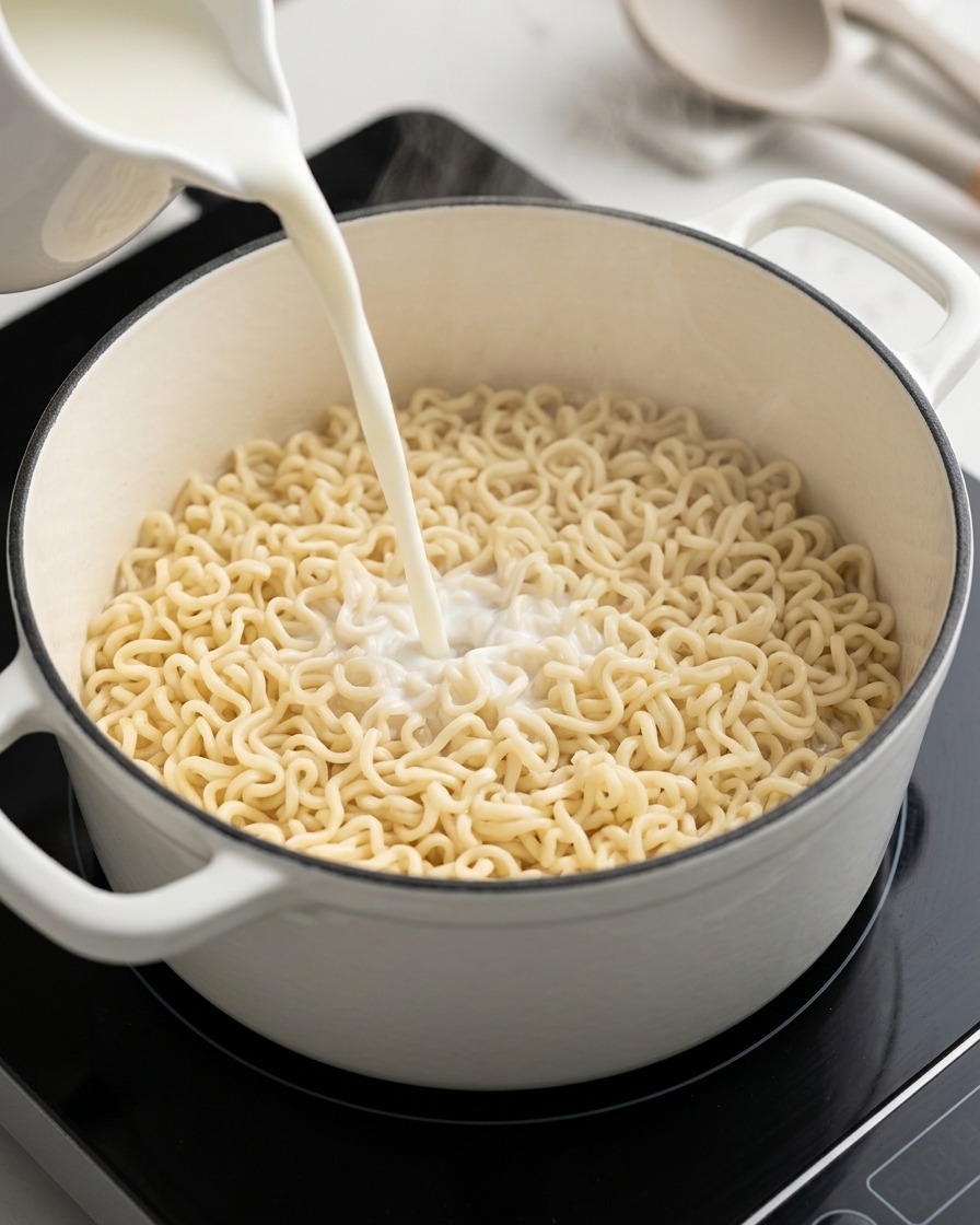 茹で上がったインスタント麺が入った鍋に、ピッチャーから真っ白な牛乳を注いでいる様子。