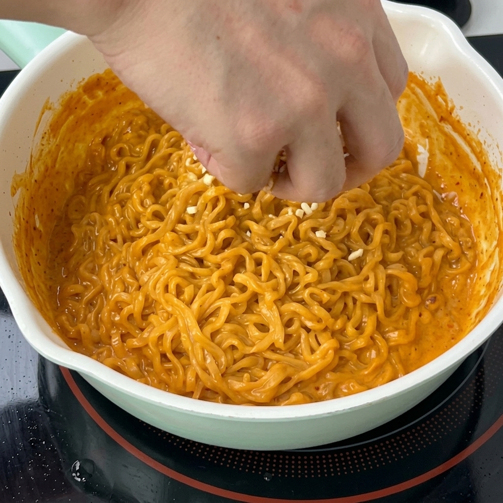 オレンジ色に染まった辛いブルダック麺のフライパンに、手でたっぷりのピザ用モッツァレラチーズを散らしている様子。